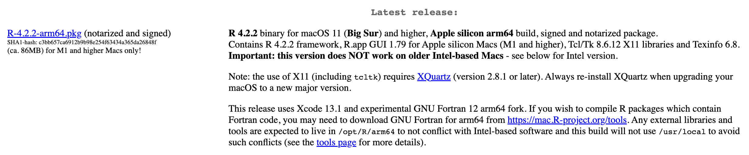 A screenshot of the web page for downloading R for Mac