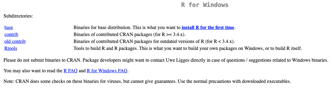 A screenshot of the webpage for downloading R for Windows