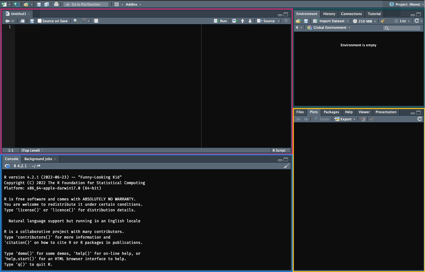 The RStudio GUI with sections highlighted. Top left is the editor, bottom left the console, top right the environment, and bottom right the viewer.