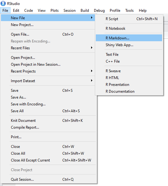 Creating an R Markdown Document in New File, then R Markdown... 
