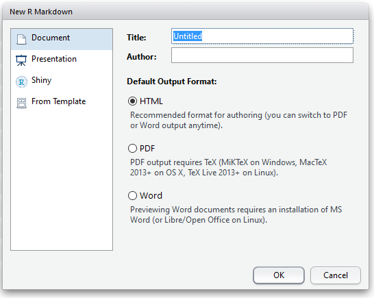 Options for Creating Different R Markdown Documents