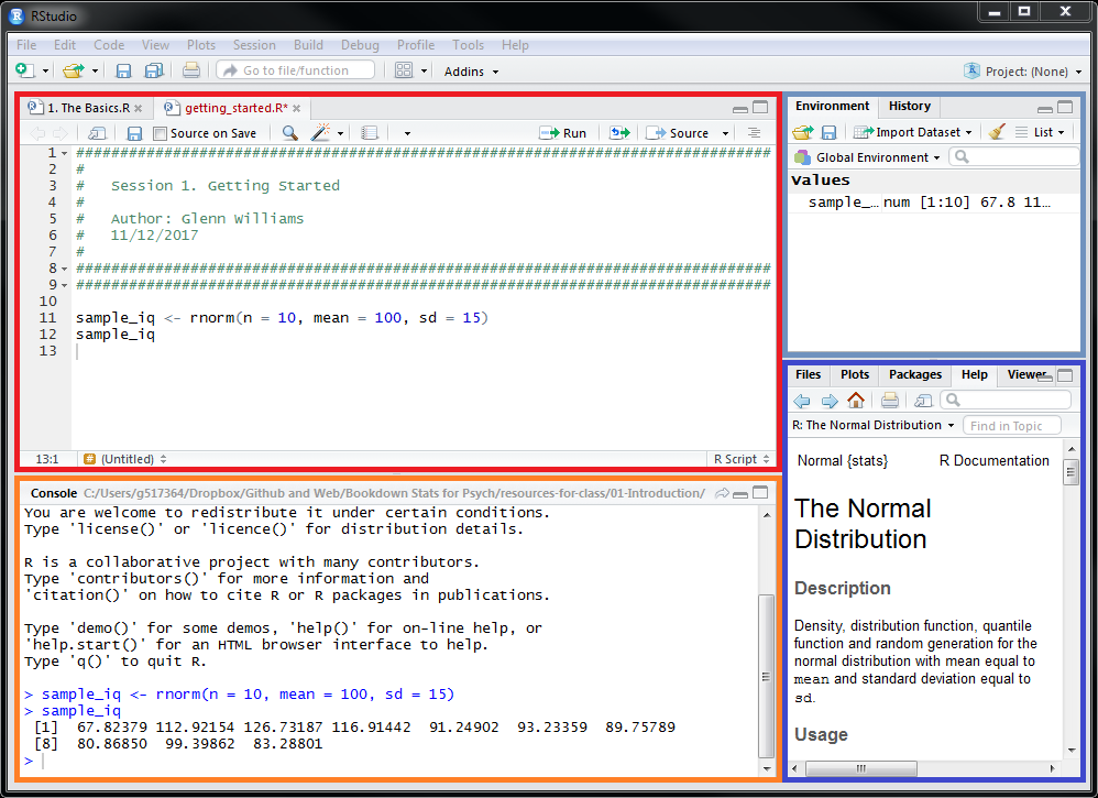 An image of the RStudio environment, with colour highlights around the sections of the IDE